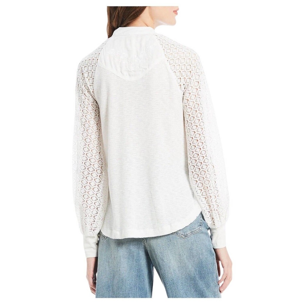 Free People Top Womens S Sweetest Thing Waffle Embroidered Boho Peasant Ivory - Picture 15 of 16